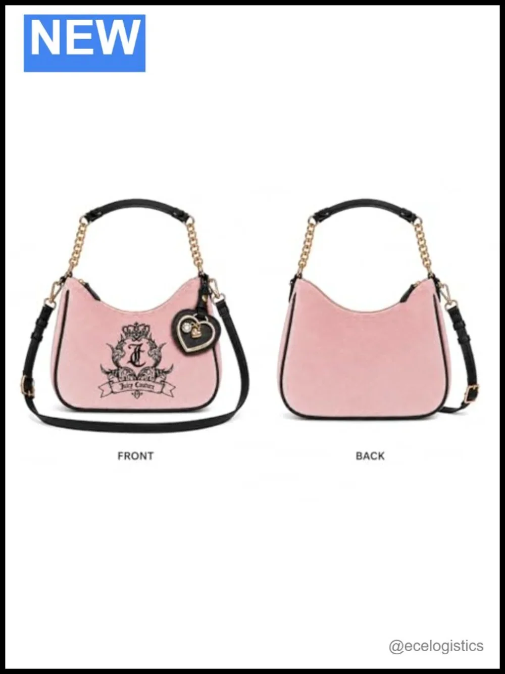 Juicy Couture Velvet Convertible Shoulder Crossbody Bag with Heart Charm, 10x7